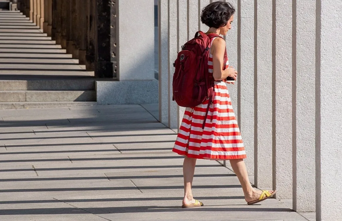 woman, dress, stripes, shadow, female, street, backpack, casual, outfit, stripes, street, backpack, backpack, backpack, 
